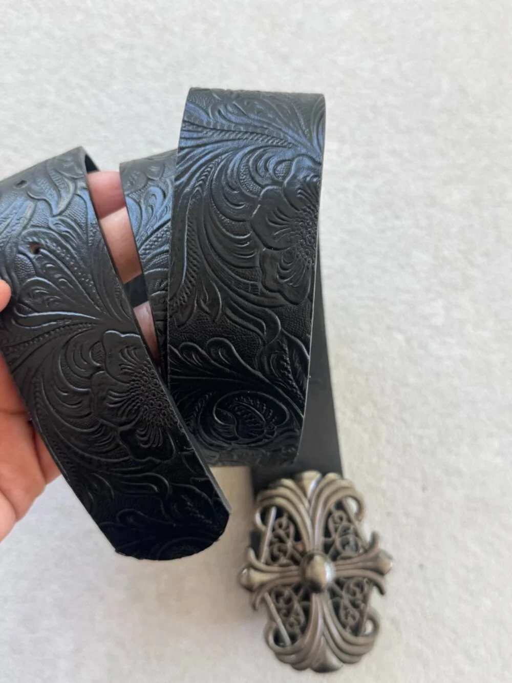 Black Floral Embossed Gothic Filigree Cross Belt